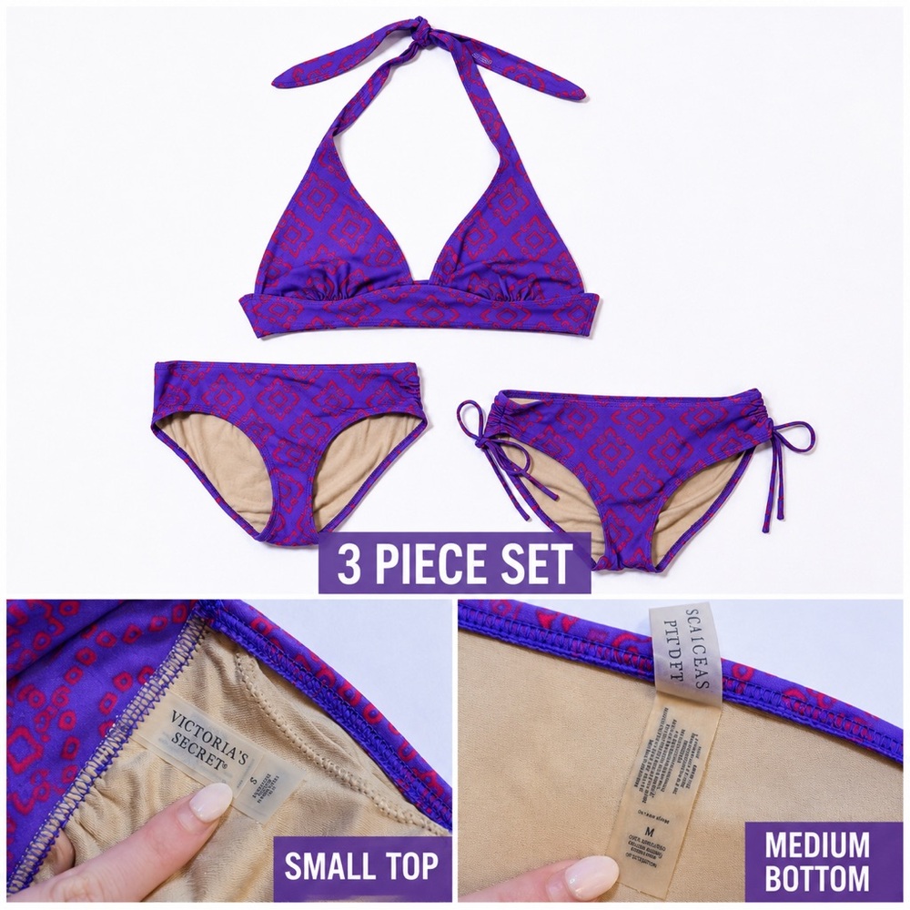 Victoria's Secret 3 Pc Swim Set Purple Red Halter Y2K Style Small Top Med Botto